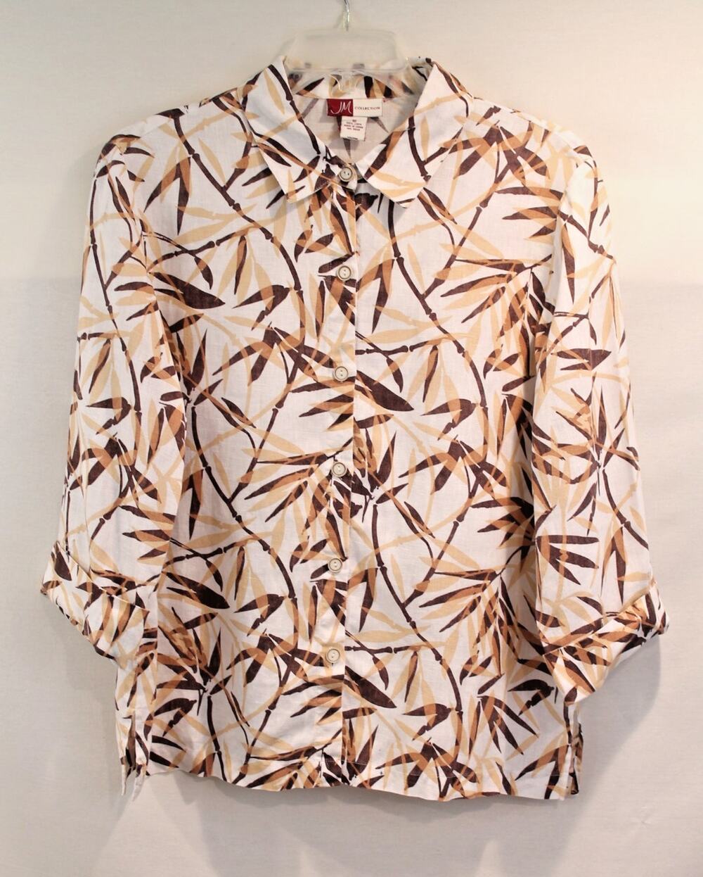 JM Collection Linen Foliage Top Womens 16 Brown White 3/4 Cuff Sleeve Button Up